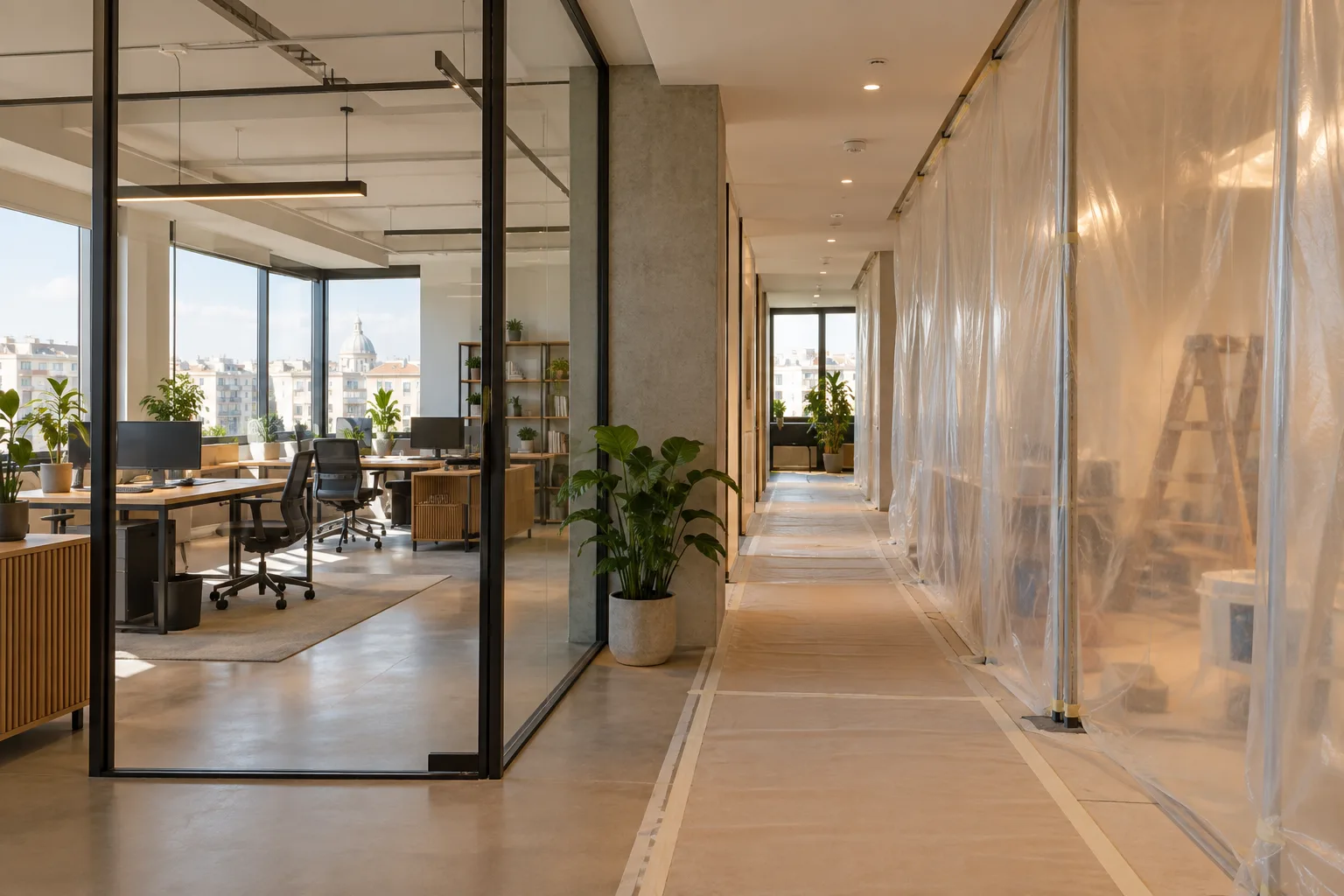 Renovarea biroului fără oprirea completă a activității: cum planifici etapele 1 Renovarea biroului — birou cu zonă de lucru separată de o zonă pregătită pentru renovare