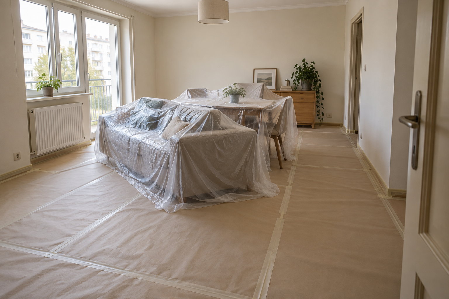 Cât costă zugrăvirea unui apartament cu două camere în București și Ilfov? 4 Mobilier acoperit și traseu liber de lucru într-un apartament