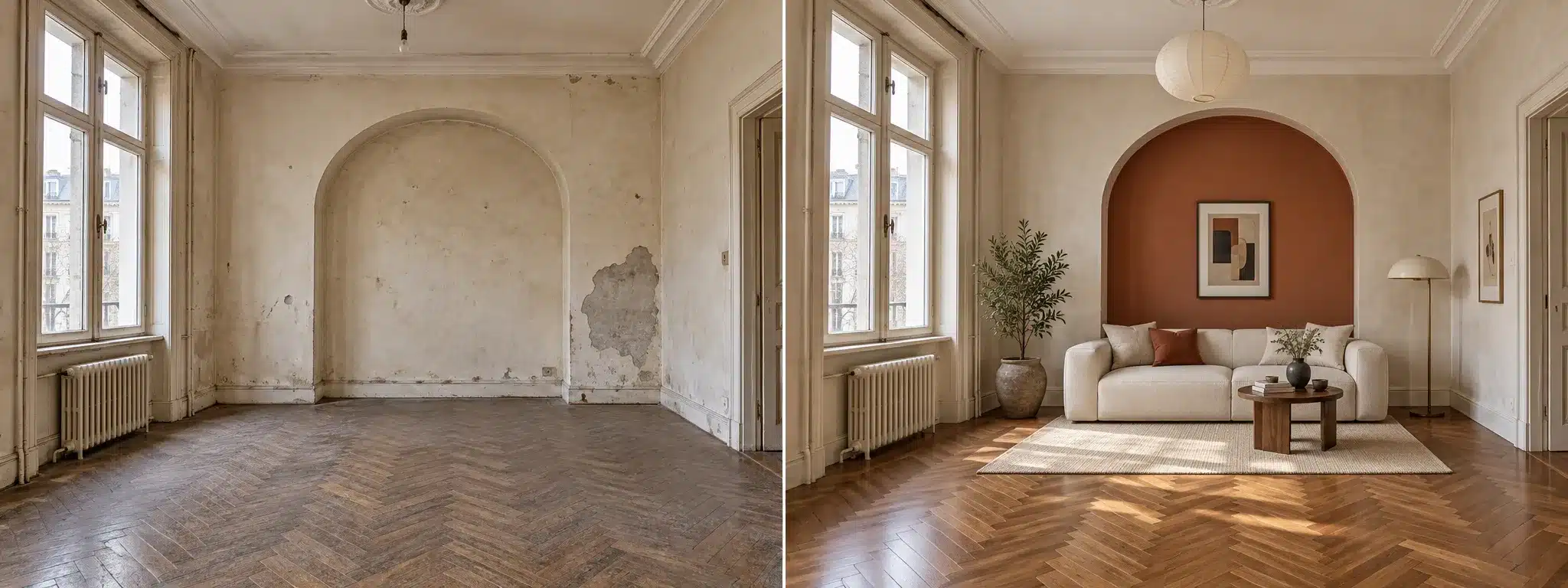 Comparație ilustrativă a unui living înainte și după renovare